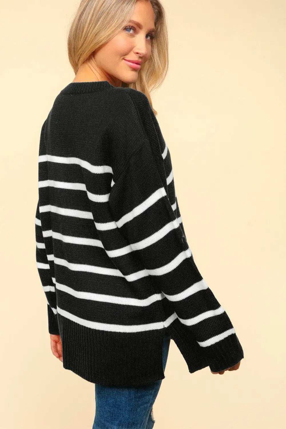 Haptics Full Size Striped Contrast Side Slit Sweater - Trendsi - Flyclothing LLC