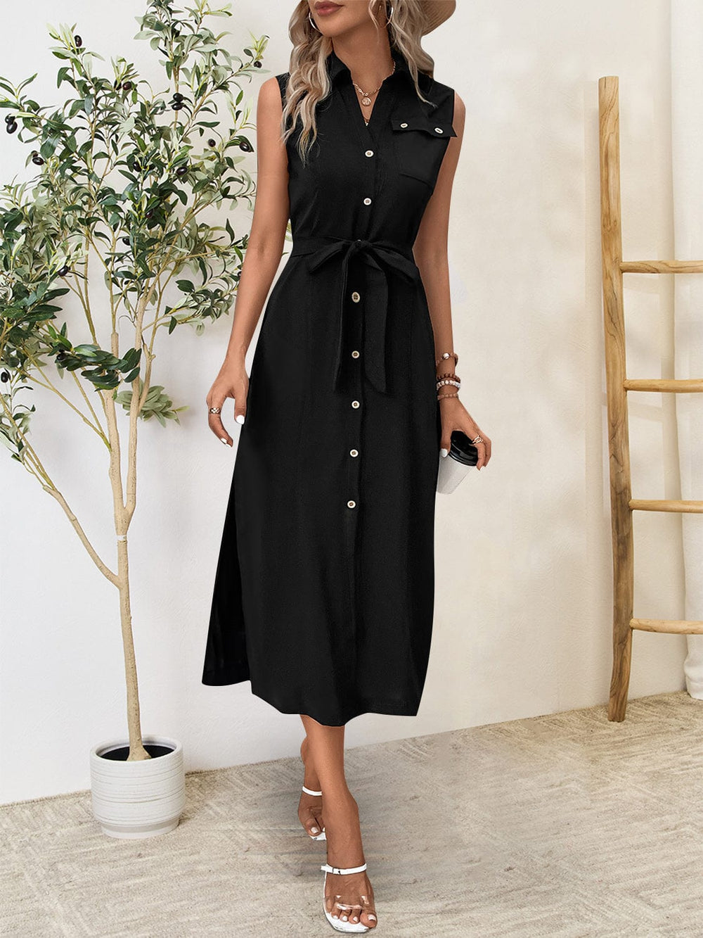 Button Up Sleeveless Midi Dress - Trendsi