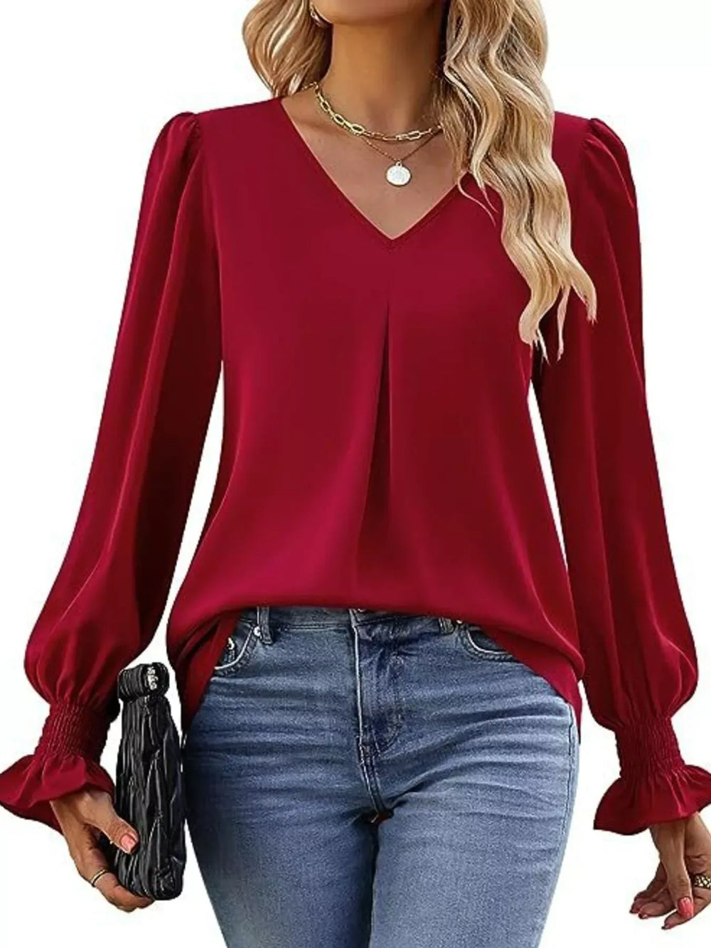 V-Neck Long Sleeve Ruffle Cuff Blouse - Trendsi - Flyclothing LLC