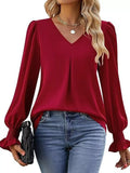 V-Neck Long Sleeve Ruffle Cuff Blouse - Trendsi - Flyclothing LLC
