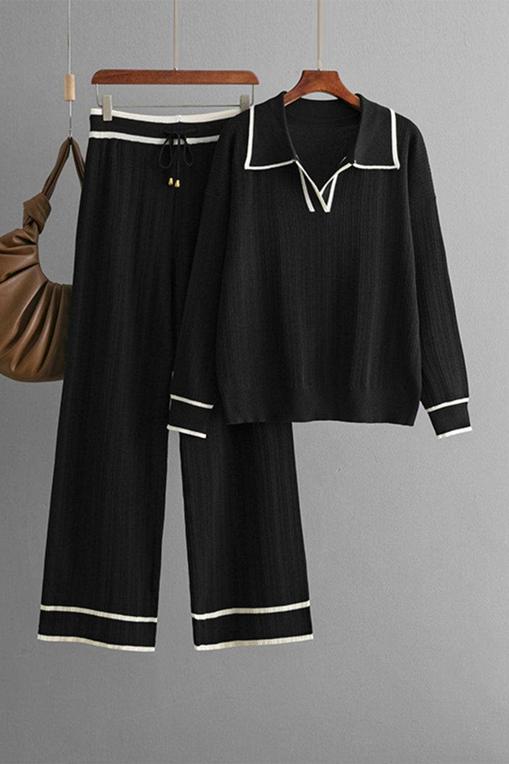 Contrast Trim Johnny Collar Top and Drawstring Pants Sweater Set - Trendsi - Flyclothing LLC