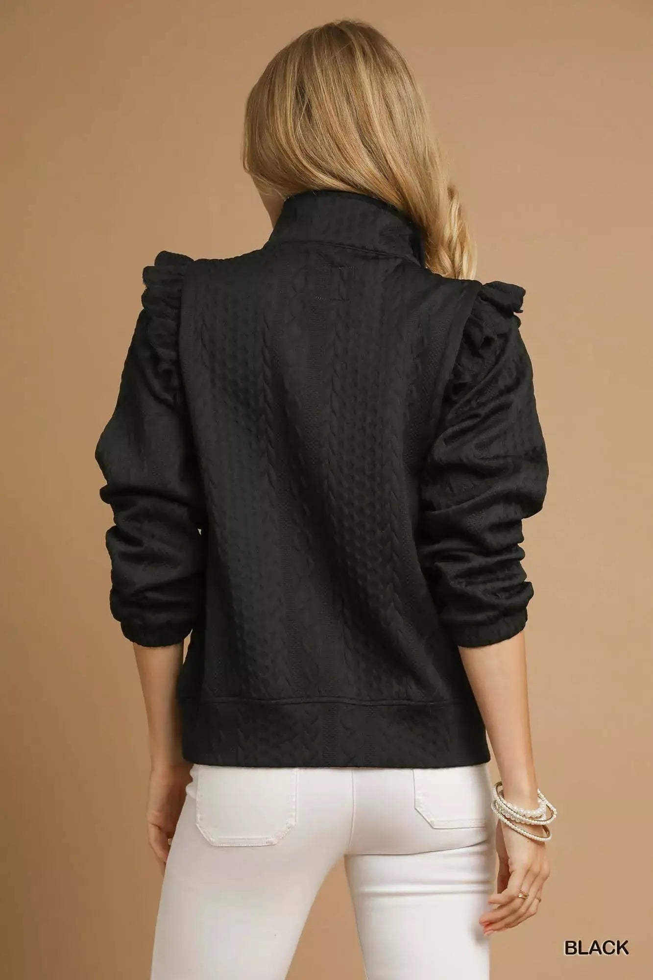 Umgee Cable Knit Textured Pullover with Ruffle Shoulders - Trendsi - Flyclothing LLC