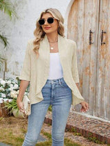 Eyelet Open Front Three-Quarter Sleeve Top - Trendsi - Flyclothing LLC