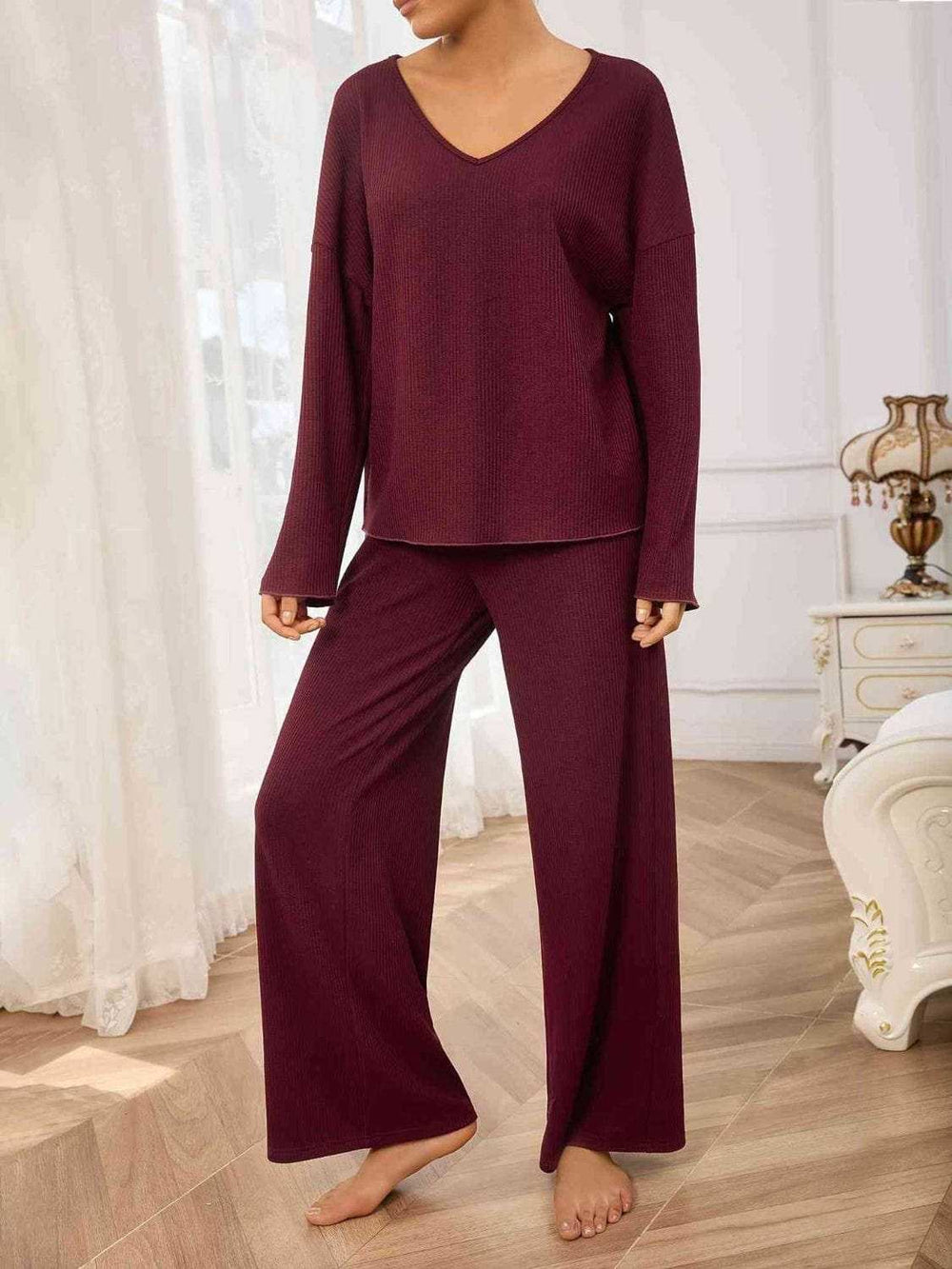 V-Neck Long Sleeve Top and Wide Leg Pants Set - Trendsi - Flyclothing LLC