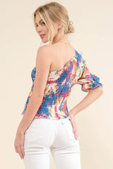 And The Why Allover Floral Print Smocked One Shoulder Blouse - Trendsi - Flyclothing LLC