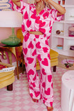 Heart Collared Neck Short Sleeve Top and Pants Lounge Set - Trendsi