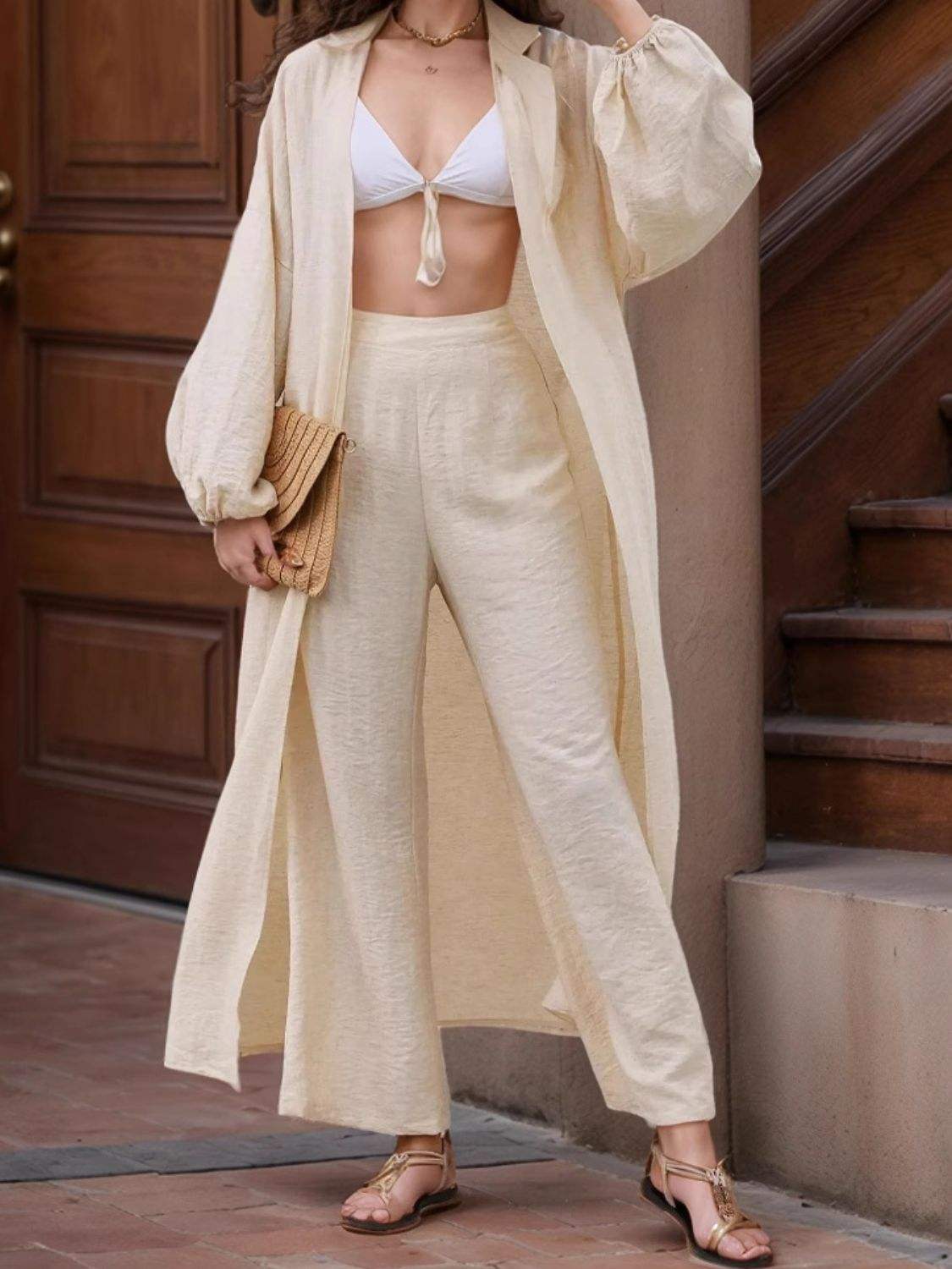 Open Front Balloon Sleeve Cardigan and Pants Set - Trendsi - Flyclothing LLC
