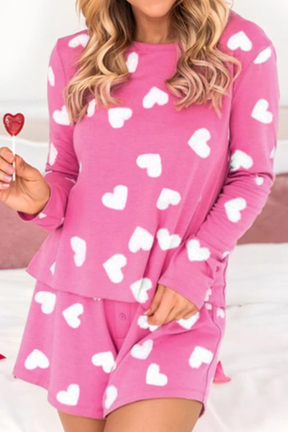 Heart Round Neck Long Sleeve Top and Elastic Waist Shorts Set - Trendsi