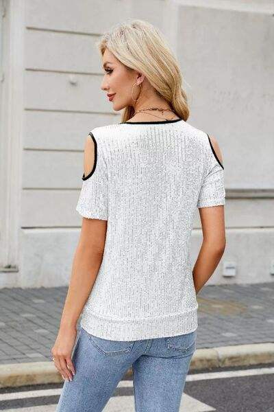 Sequin Crisscross V-Neck Cold Shoulder Blouse - Trendsi - Flyclothing LLC
