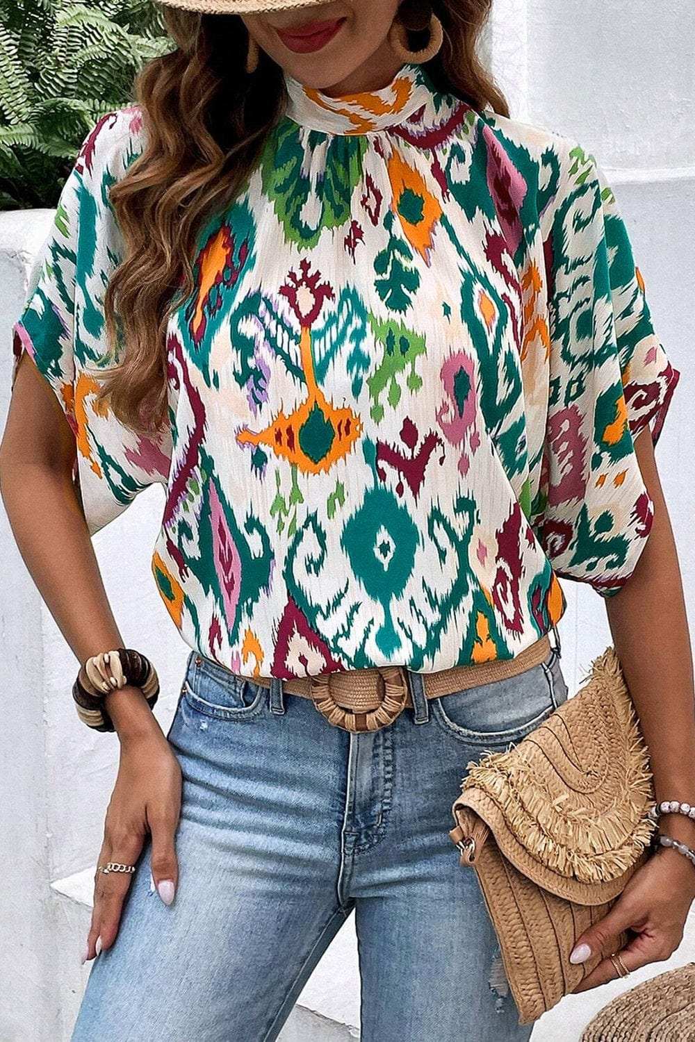 Printed Mock Neck Half Sleeve Blouse - Trendsi - Flyclothing LLC