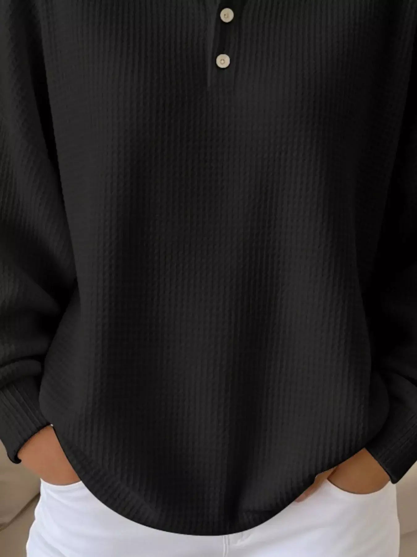 Full Size Waffle Knit Button Detail Sweatshirt Plus Size - Trendsi - Flyclothing LLC