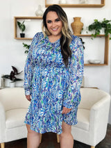 Double Take Full Size Printed Drawstring Waist Long Sleeve Dress - Trendsi - Flyclothing LLC