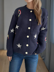 Candy Cane & Star Button Down Long Sleeve Cardigan - Trendsi