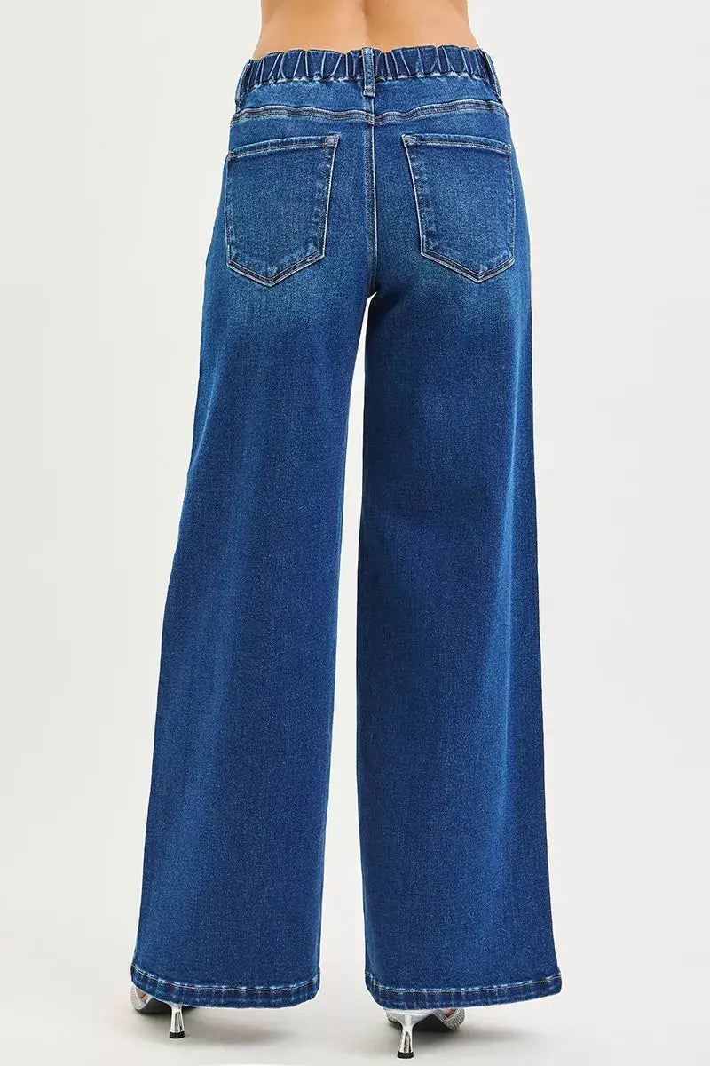 RISEN Full Size Mid Rise Wide Side Pintuck Jeans with Front Drawstring Plus Size - Trendsi - Flyclothing LLC