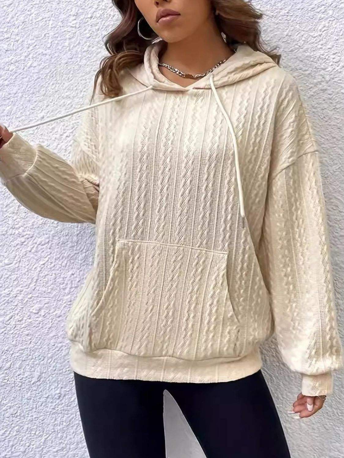 Drawstring Texture Long Sleeve Hoodie - Trendsi - Flyclothing LLC