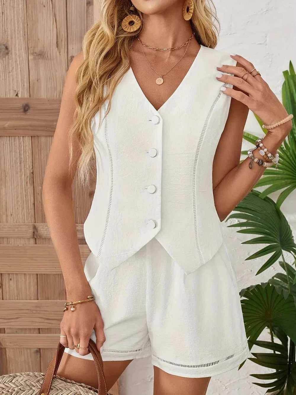 Button Up Vest and Shorts Set - Trendsi - Flyclothing LLC