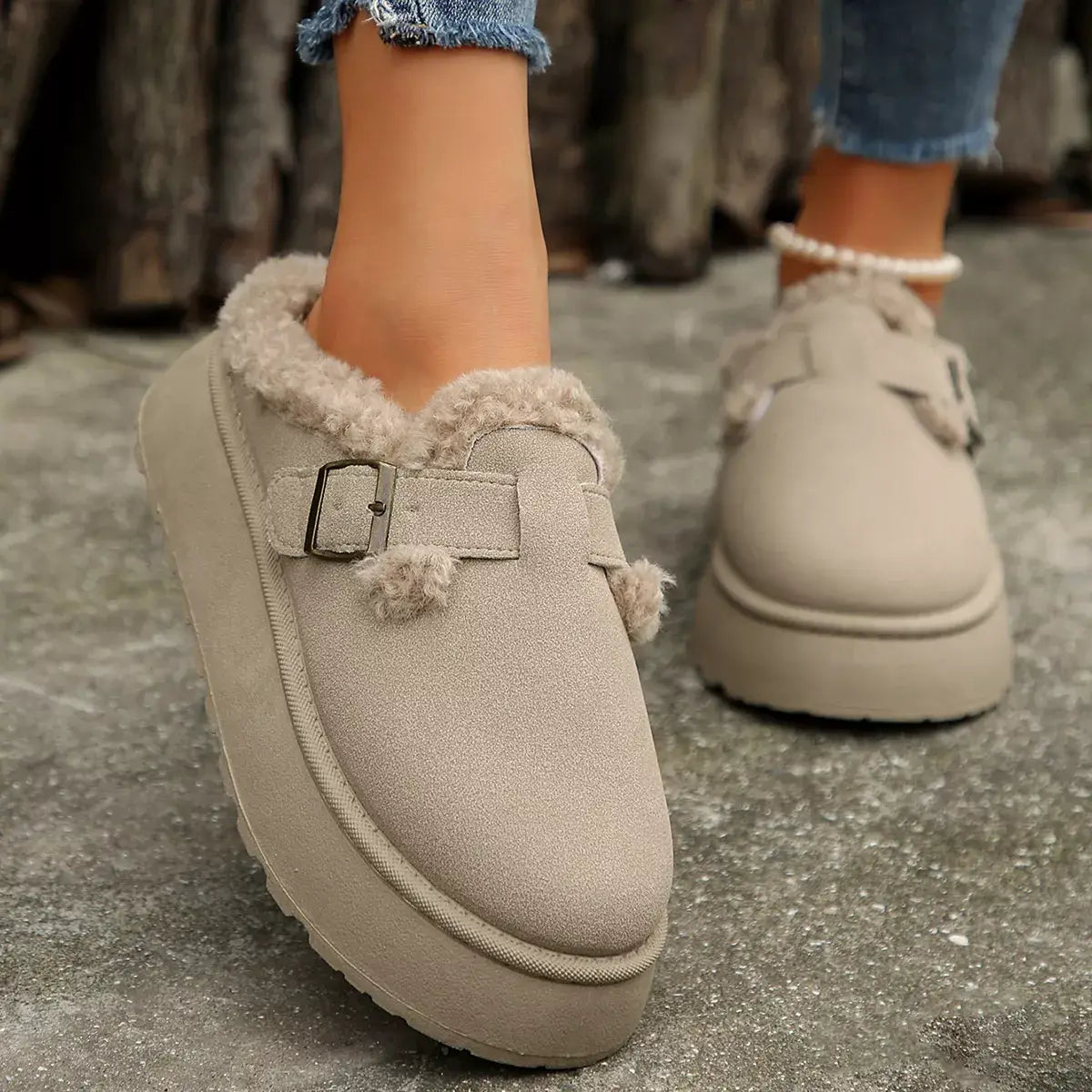 Fuzzy Trim Buckle Platform Slippers - Trendsi - Flyclothing LLC