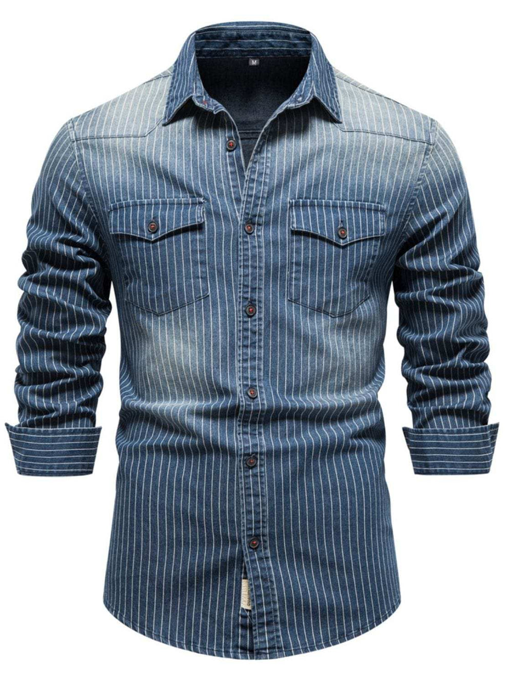 Men's Striped Collared Neck Button Down Denim Shirt - Trendsi - Flyclothing LLC