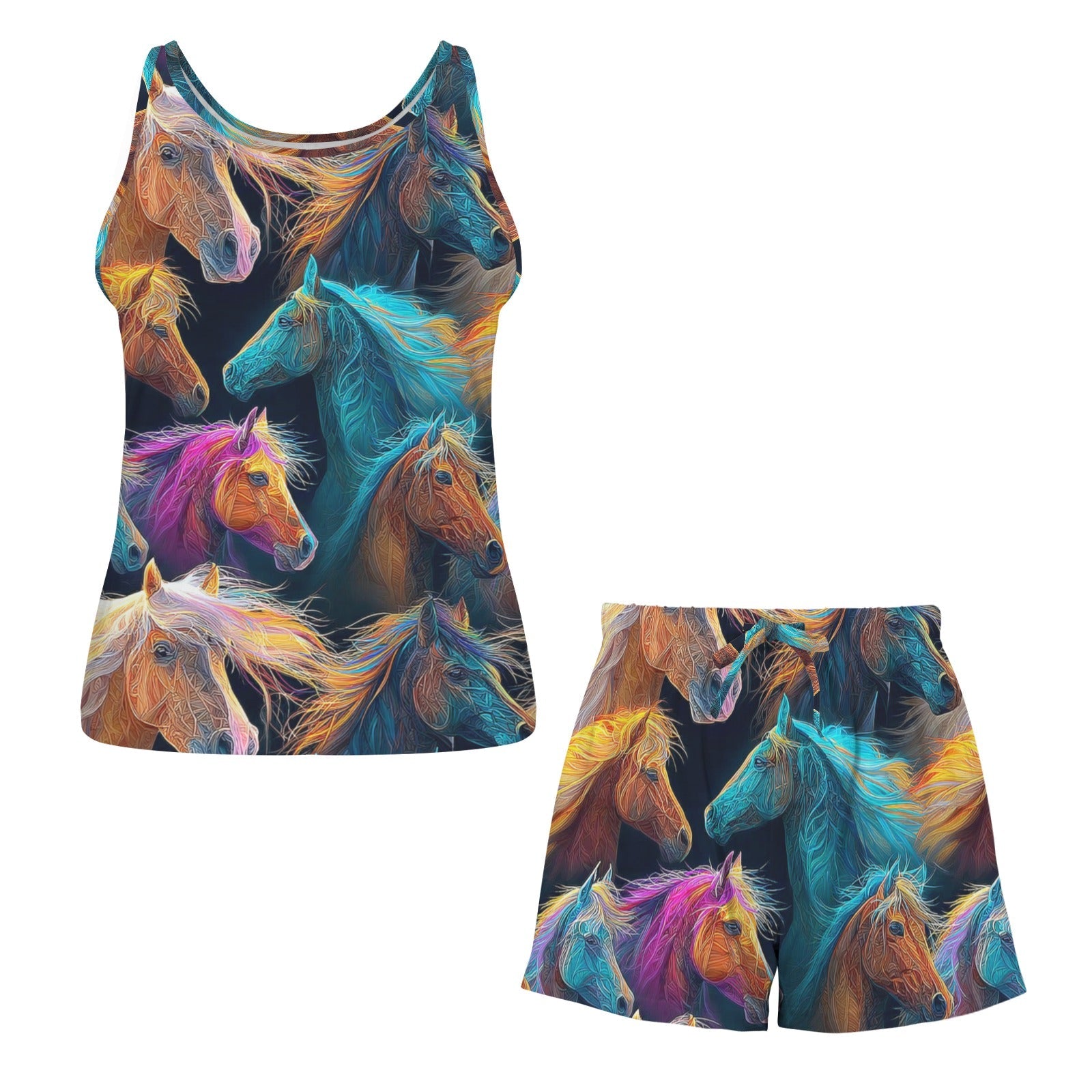 Baha Ranch Colorful Horses Pajama Lounge Tank Shorts Set Made in America