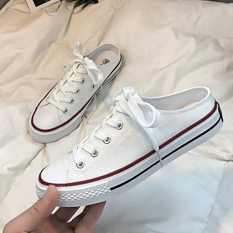 Round Toe Lace-Up Canvas Sneakers - Trendsi - Flyclothing LLC