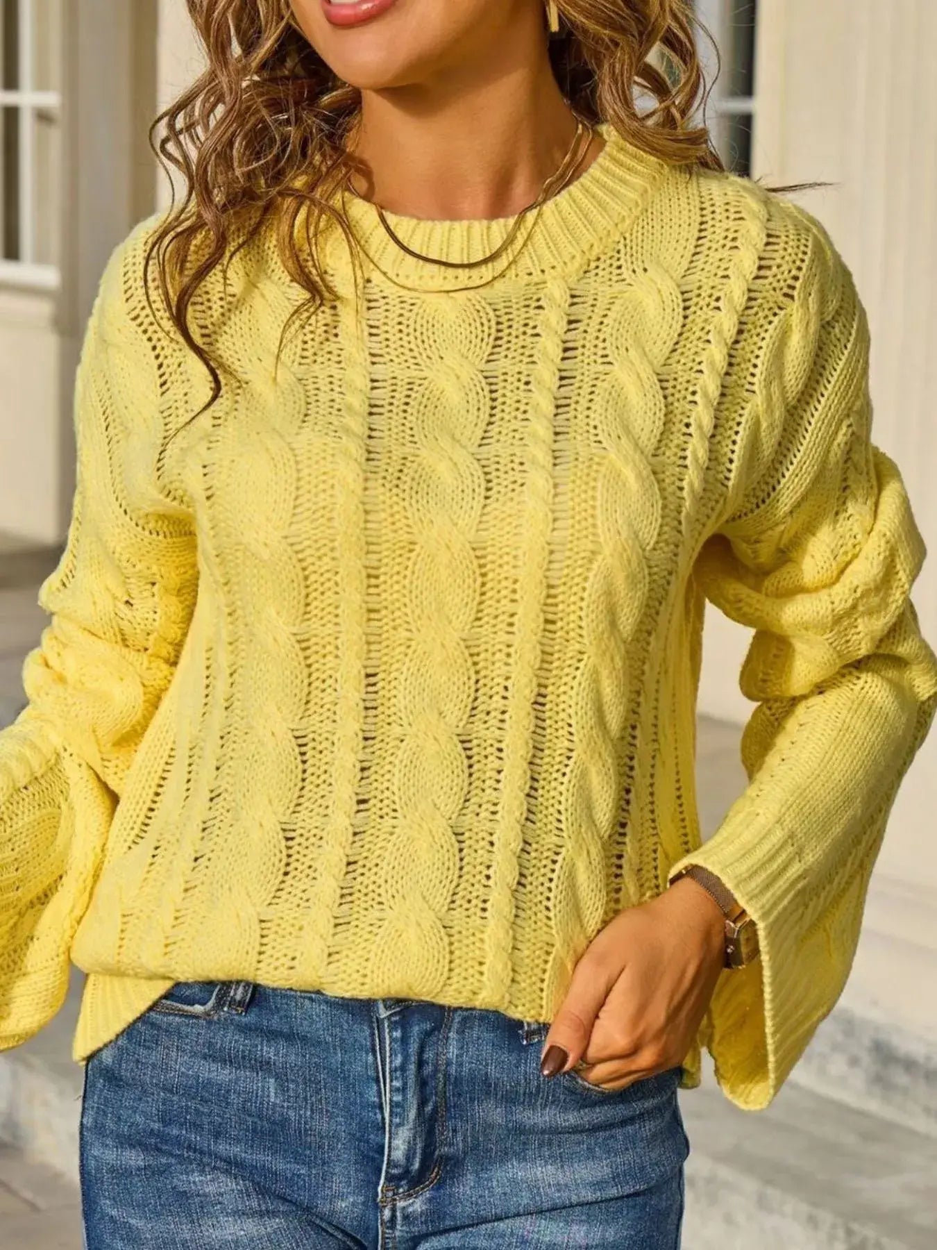 Cable Knit Long Sleeve Sweater - Trendsi - Flyclothing LLC