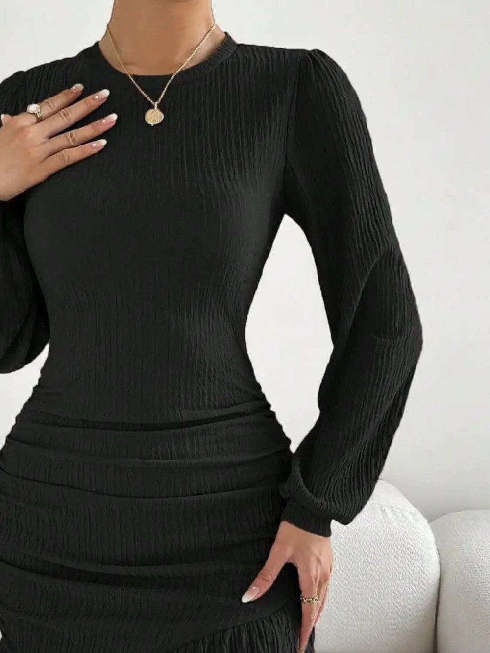 Ruffled Round Neck Long Sleeve Mini Dress - Trendsi - Flyclothing LLC