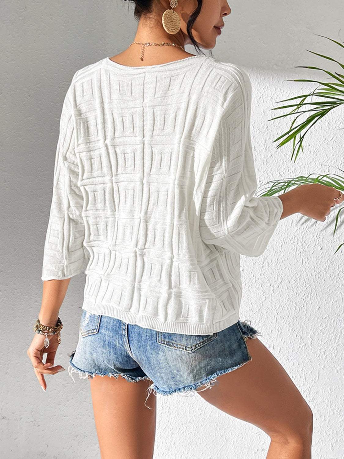 V-Neck Three-Quarter Sleeve Knit Top - Trendsi - Flyclothing LLC