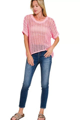 Zenana Fish Net Short Sleeve Crochet Knit Cover Up - Trendsi - Flyclothing LLC