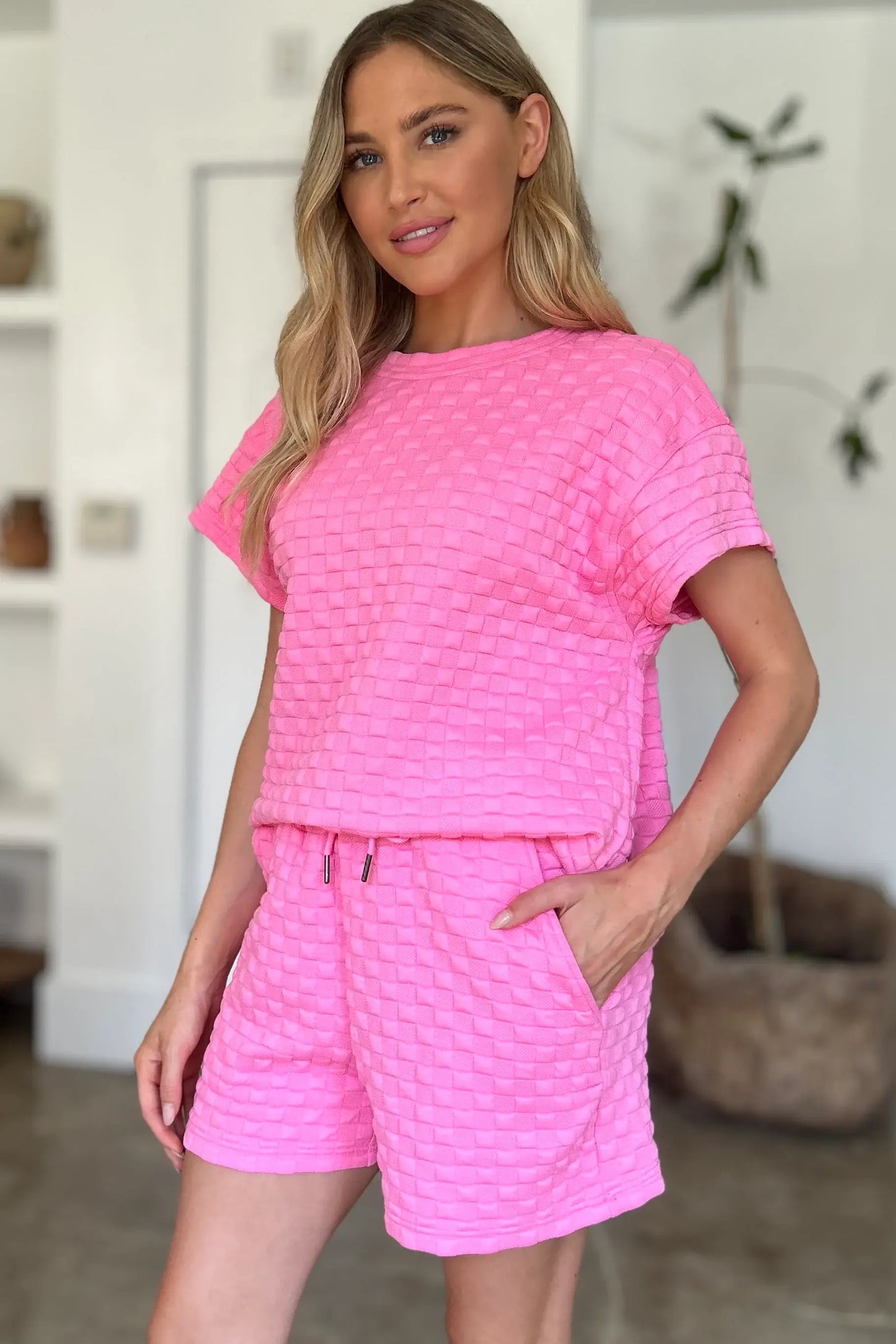 Double Take Full Size Texture T-Shirt and Shorts Set - Trendsi - Flyclothing LLC