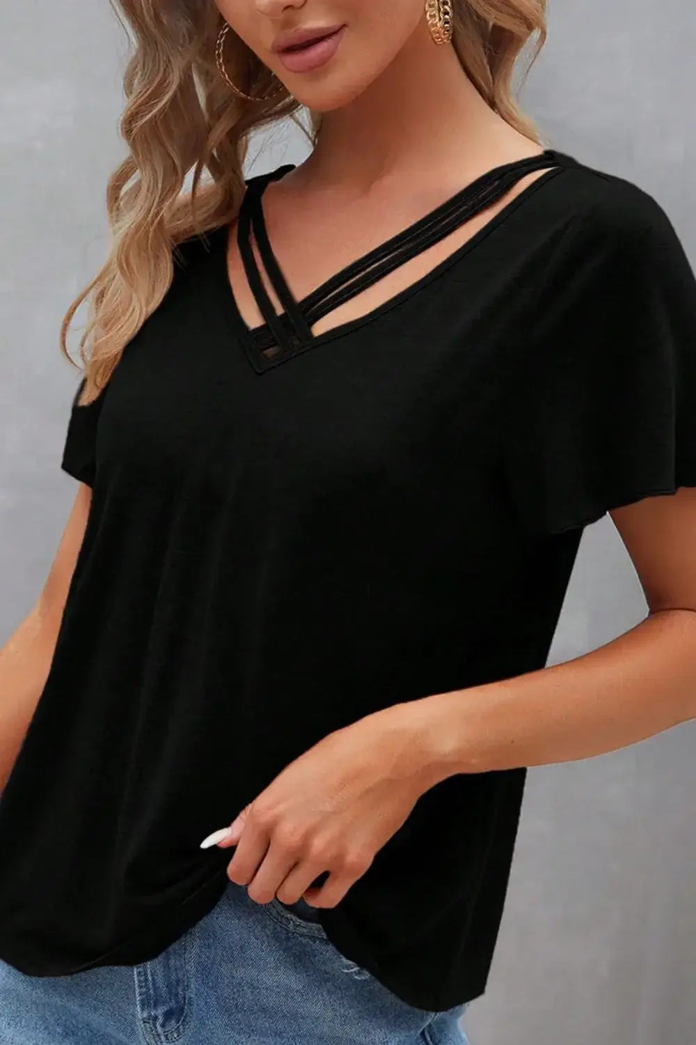 V-Neck Short Sleeve T-Shirt - Trendsi - Flyclothing LLC