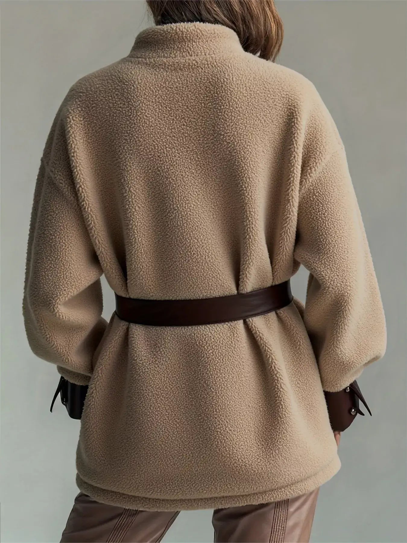 Leather Trim Sherpa Outerwear with Pockets - Trendsi - Flyclothing LLC