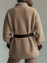 Leather Trim Sherpa Outerwear with Pockets - Trendsi - Flyclothing LLC