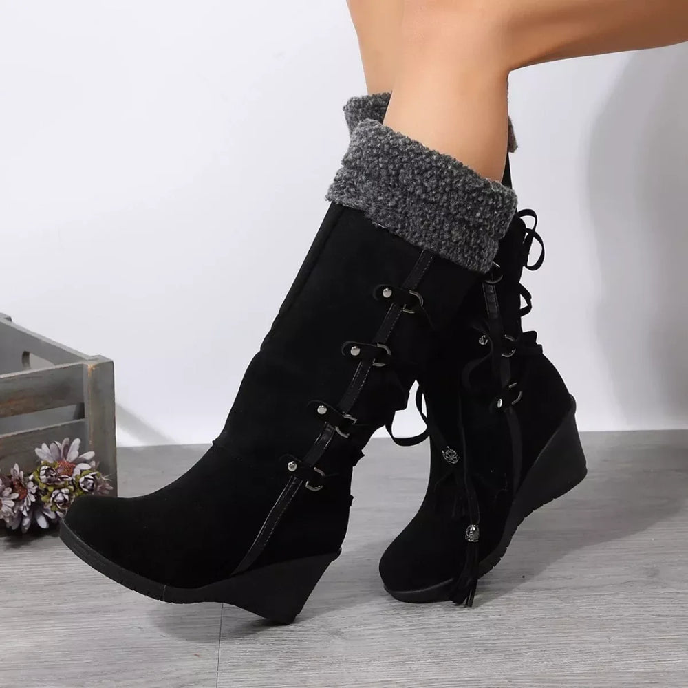 Round Toe Wedge Boots - Trendsi - Flyclothing LLC