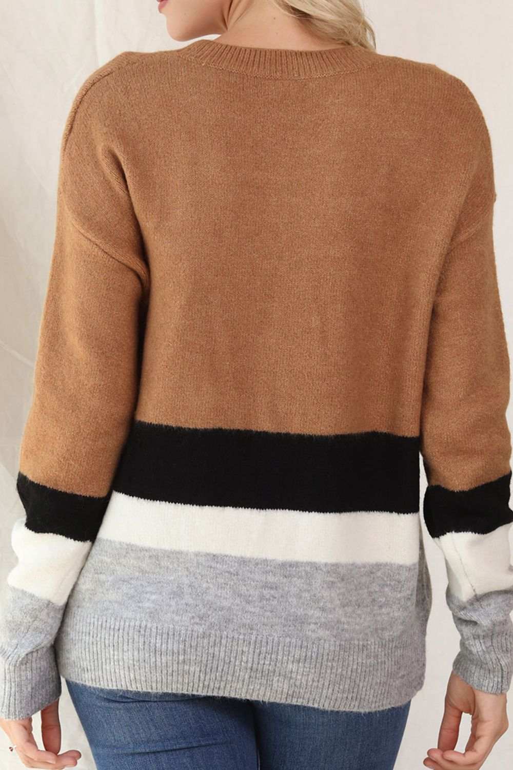 Color Block Round Neck Dropped Shoulder Sweater - Trendsi - Flyclothing LLC