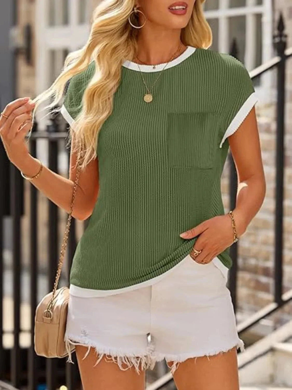 Contrast Trim Round Neck Cap Sleeve Top - Trendsi