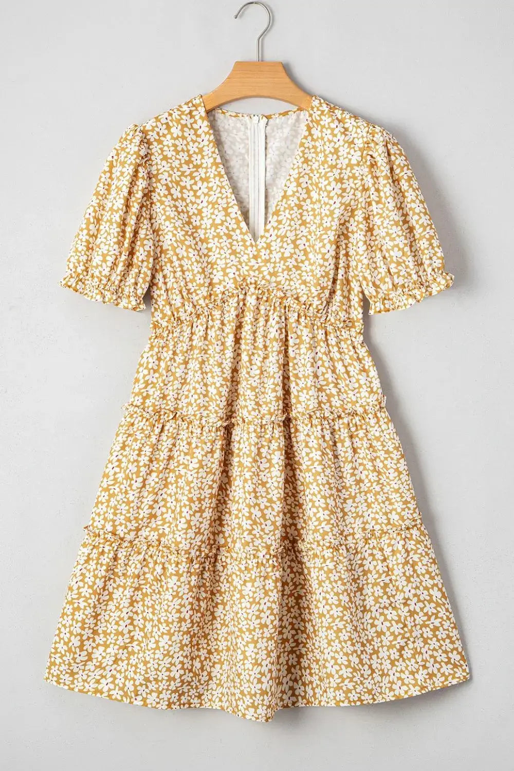 Floral Short Sleeve Surplice Frilly Tiered Mini Dress - Trendsi - Flyclothing LLC