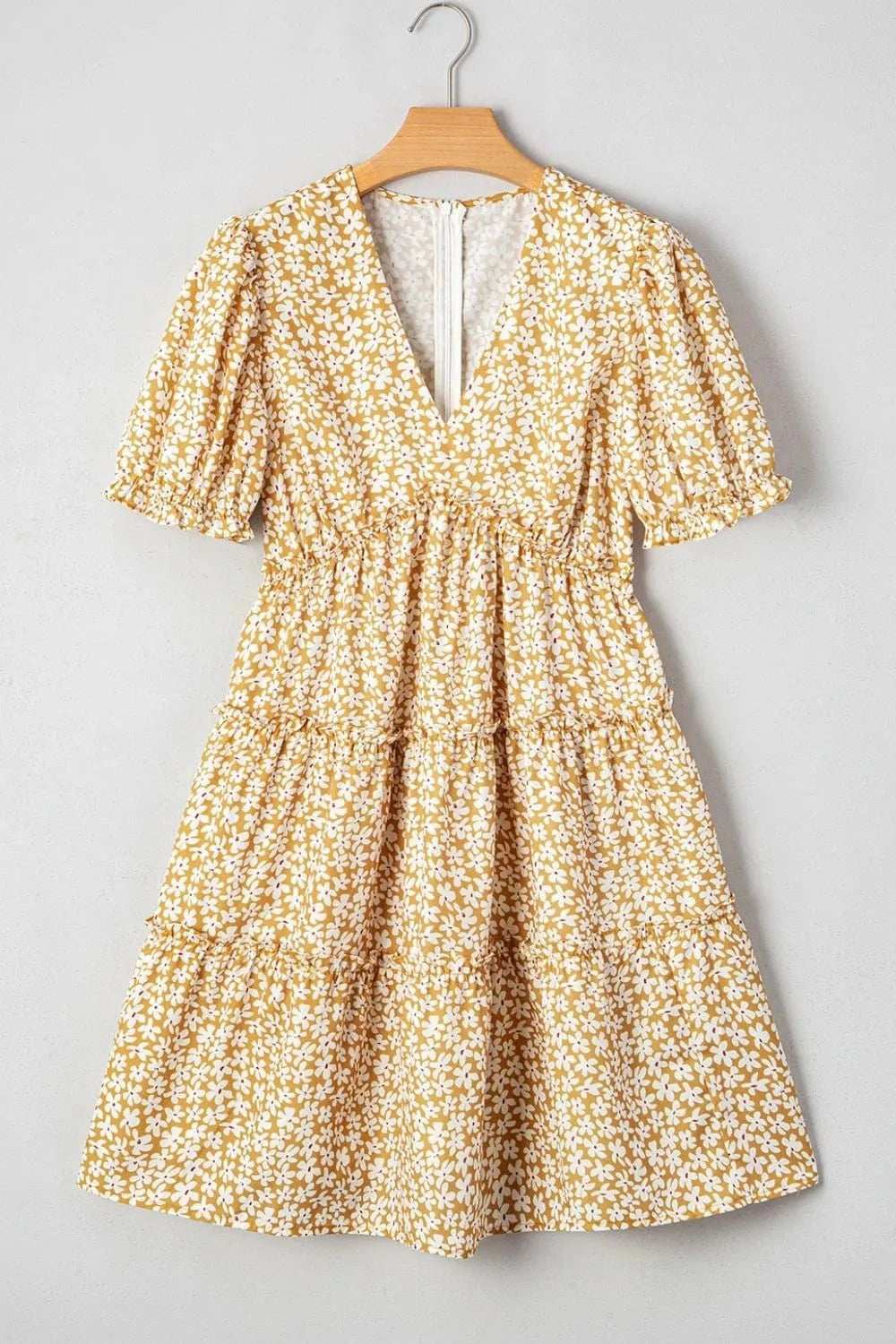 Floral Short Sleeve Surplice Frilly Tiered Mini Dress - Trendsi - Flyclothing LLC