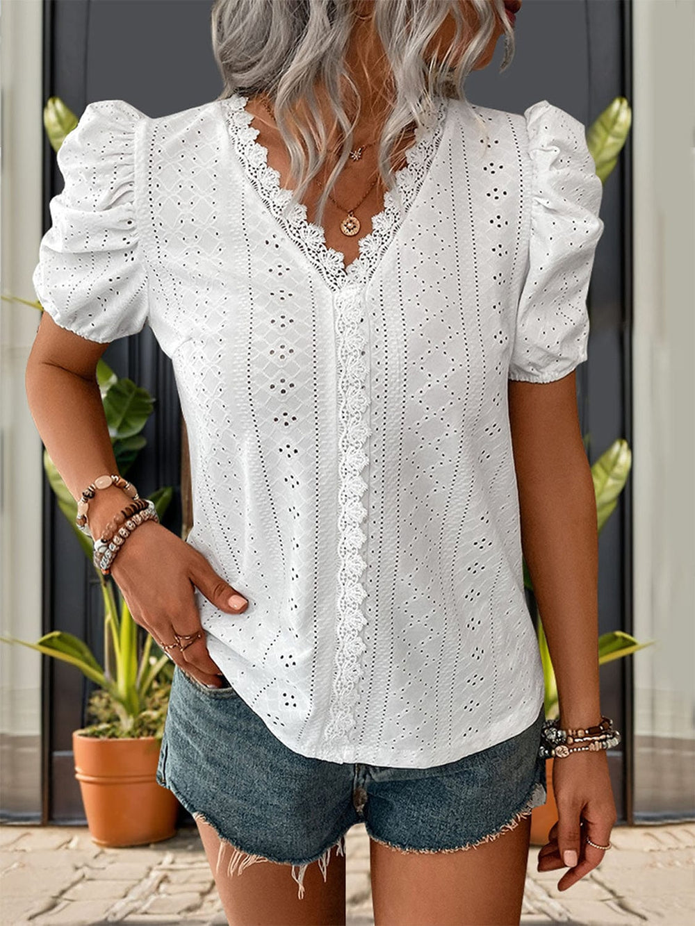Lace Detail Eyelet V-Neck Short Sleeve Blouse - Trendsi