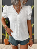 Lace Detail Eyelet V-Neck Short Sleeve Blouse - Trendsi