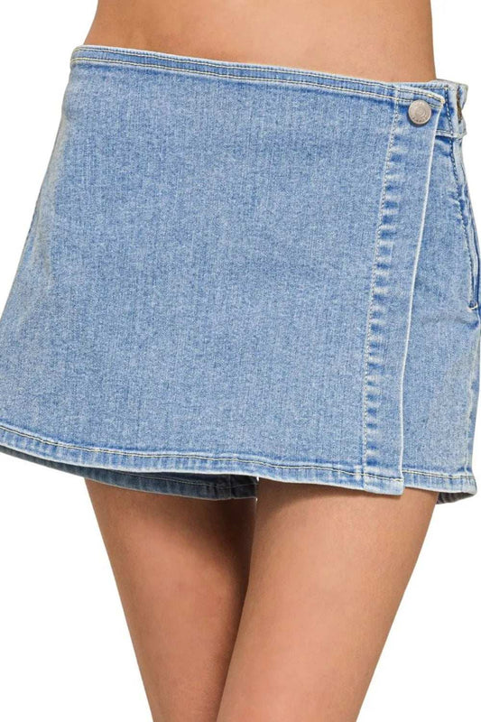 Zenana Wrap Front Skort Denim Shorts - Trendsi - Flyclothing LLC