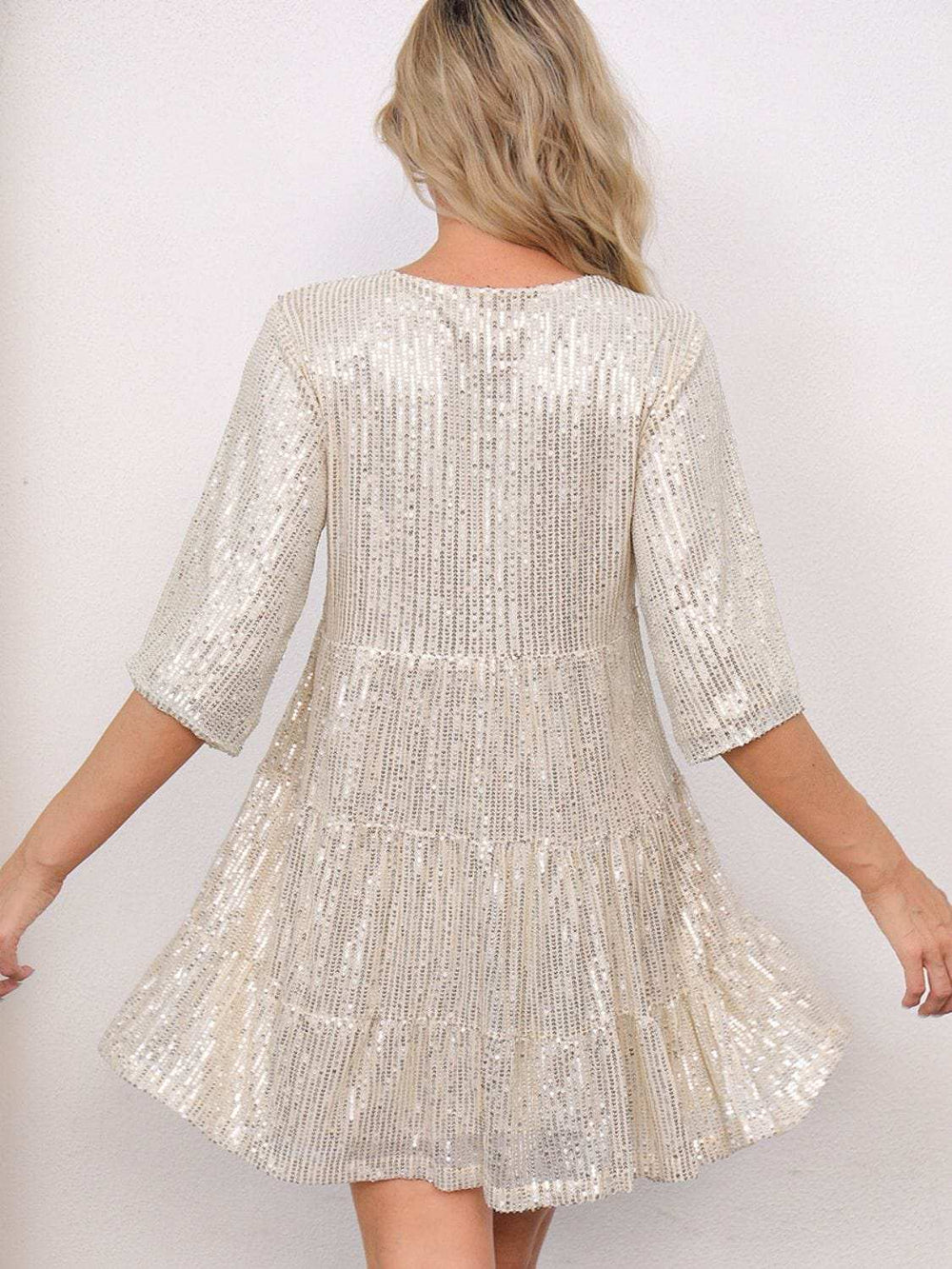 Sequin Round Neck Half Sleeve Mini Dress - Trendsi - Flyclothing LLC