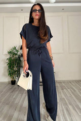 Round Neck Short Sleeve Top and Drawstring Pants Set - Trendsi - Flyclothing LLC
