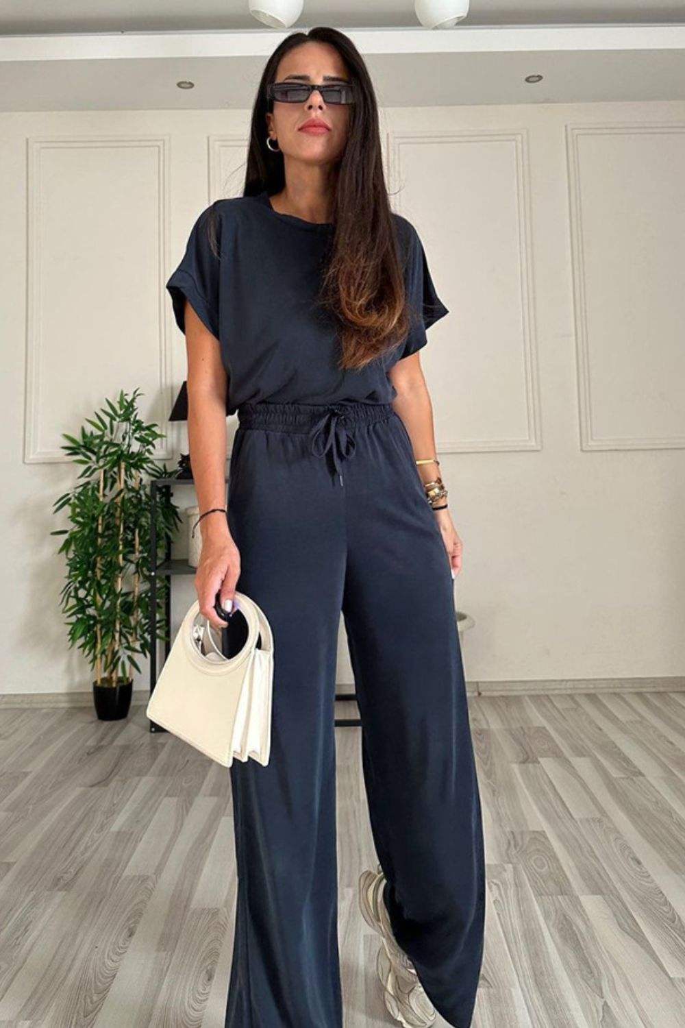 Round Neck Short Sleeve Top and Drawstring Pants Set - Trendsi - Flyclothing LLC