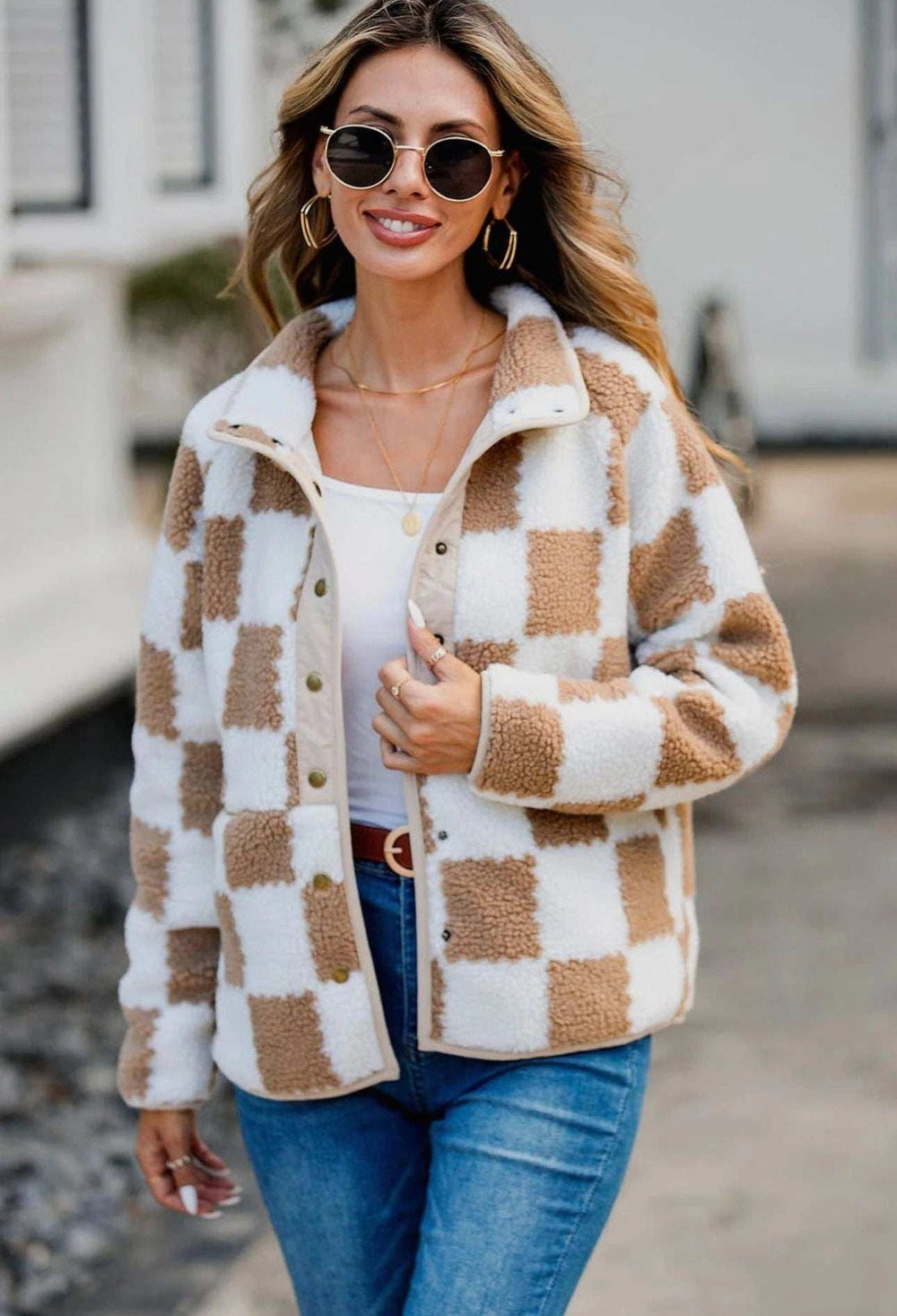 Checkered Snap Down Long Sleeve Teddy Jacket - Trendsi - Flyclothing LLC