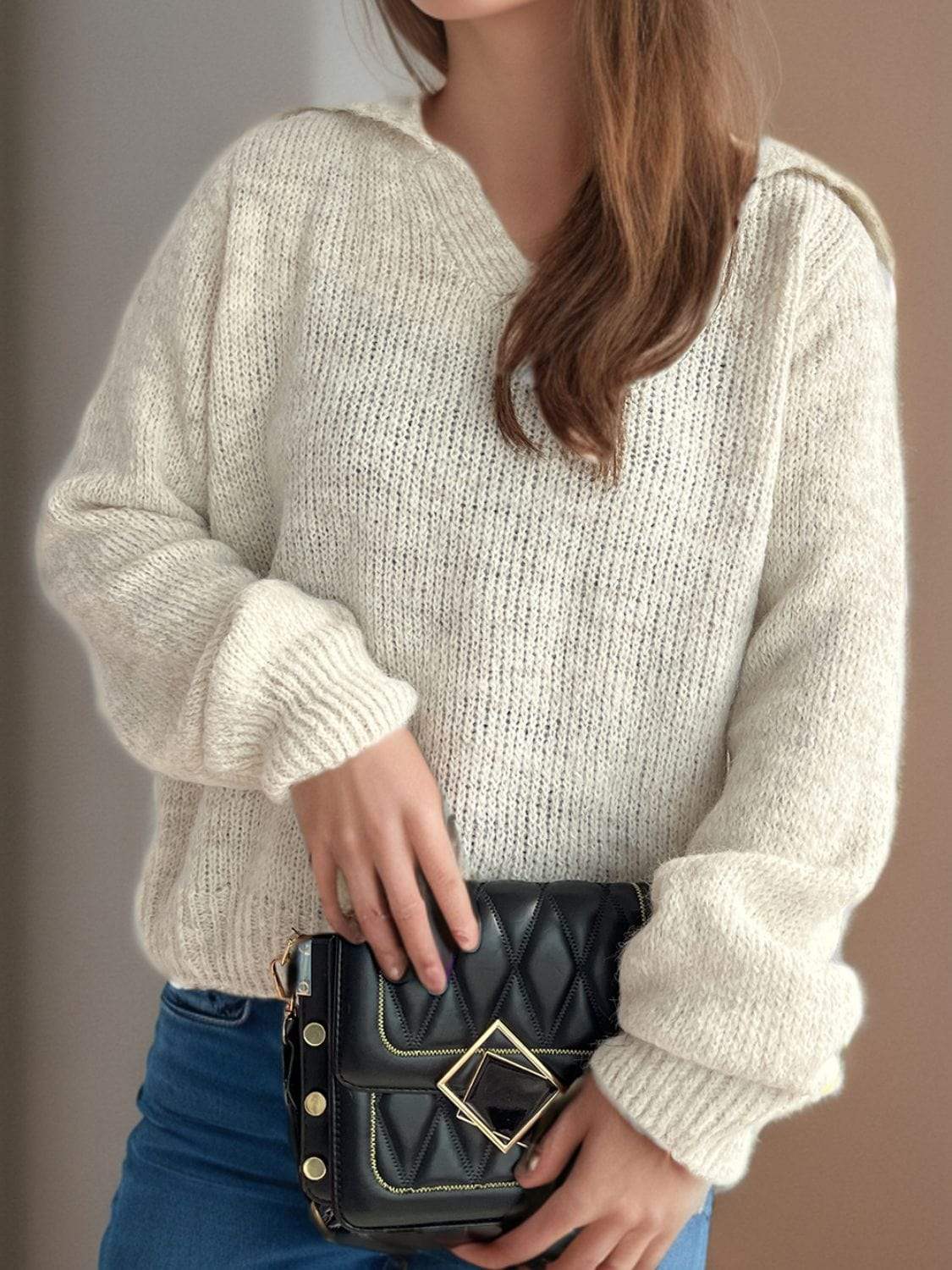 Collared Neck Long Sleeve Sweater - Trendsi - Flyclothing LLC