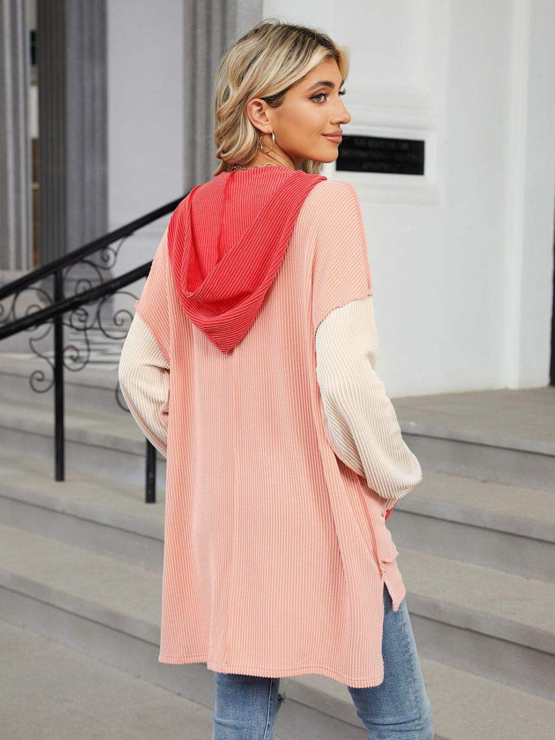 Double Take Contrast Hooded Long Sleeve Top - Trendsi - Flyclothing LLC