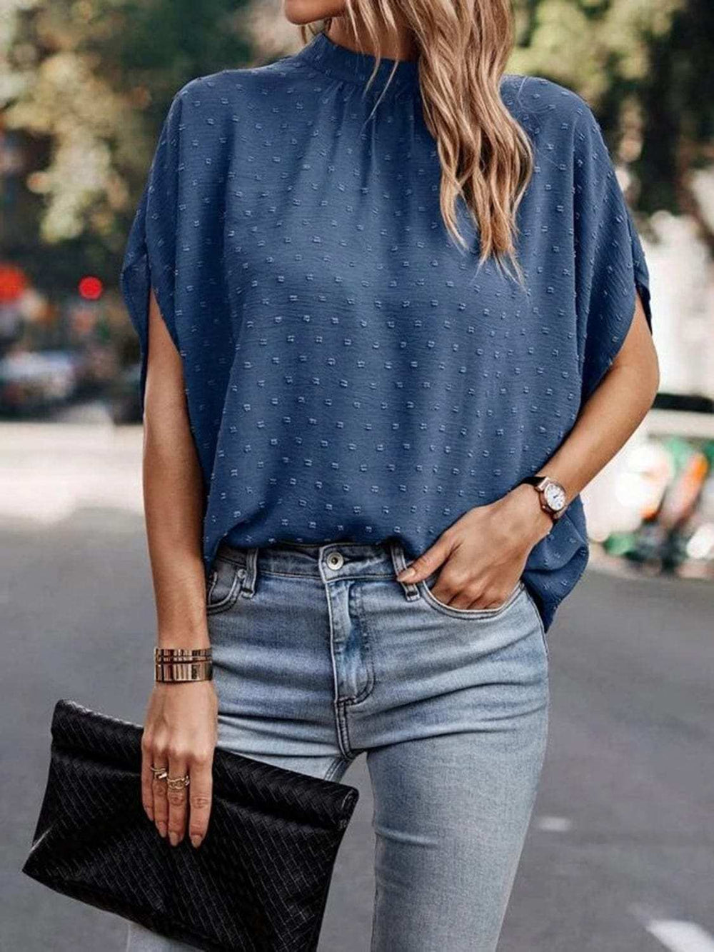 Swiss Dot Mock Neck Half Sleeve Blouse - Trendsi - Flyclothing LLC