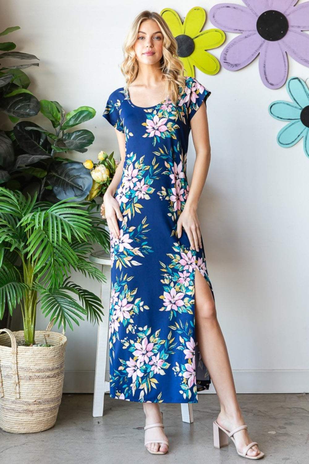 Heimish Full Size Floral Short Sleeve Slit Dress - Trendsi - Flyclothing LLC