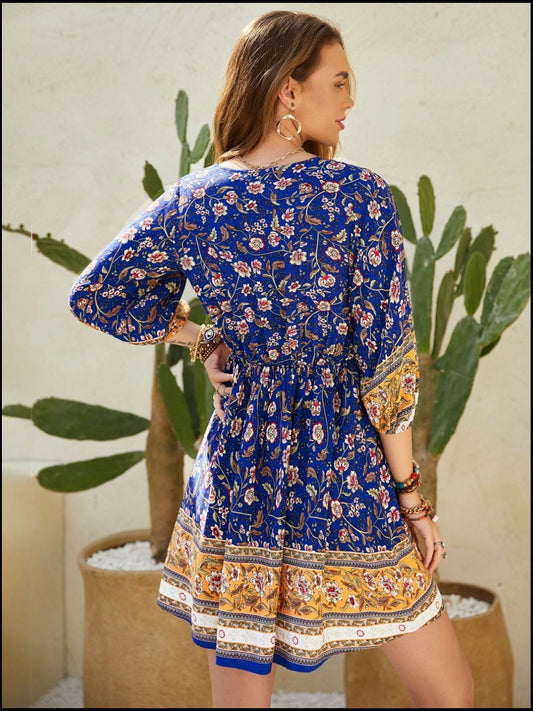 Printed V-Neck Mini Dress - Trendsi
