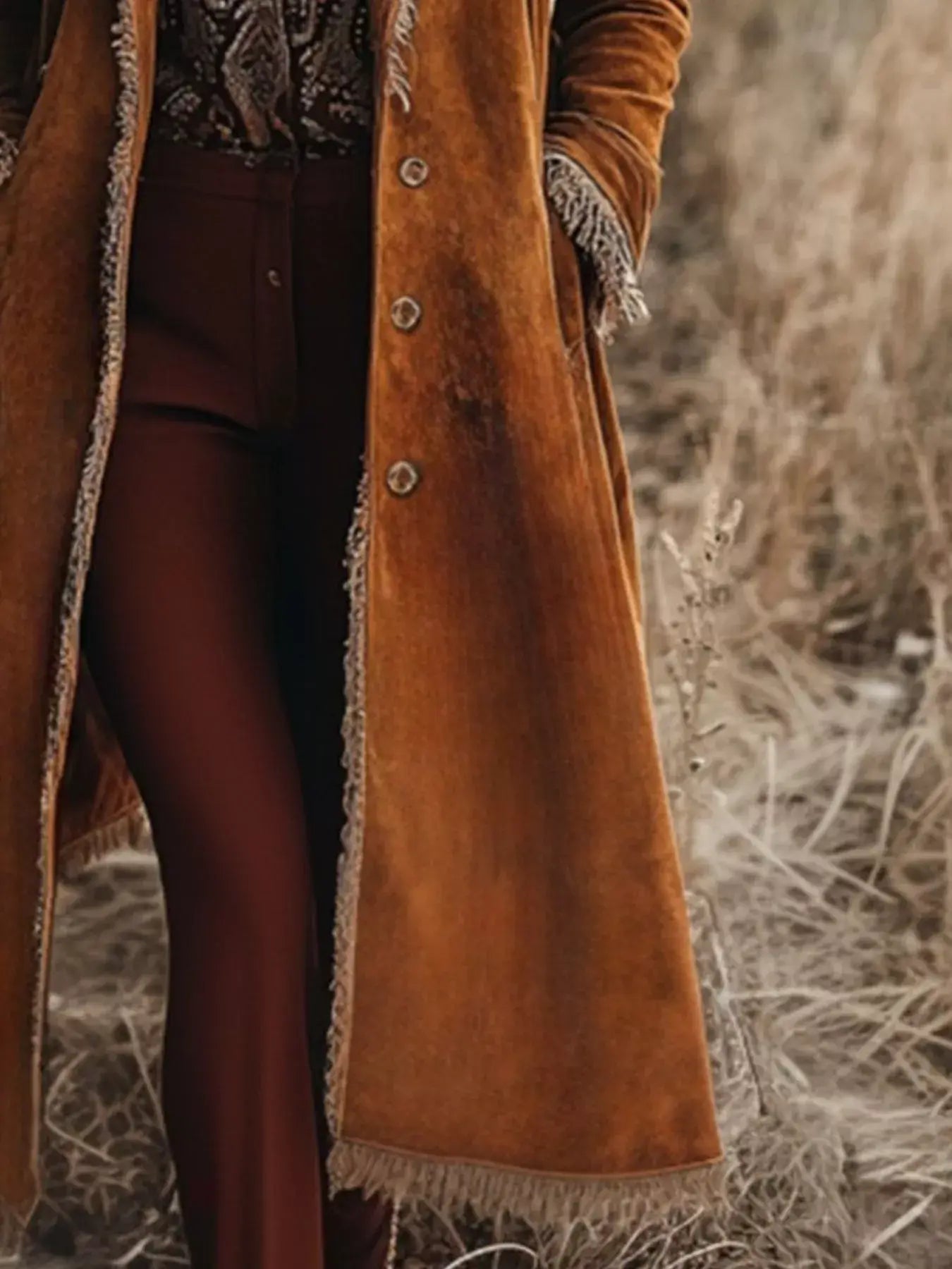 Fringe Trim Longline Outerwear - Trendsi - Flyclothing LLC